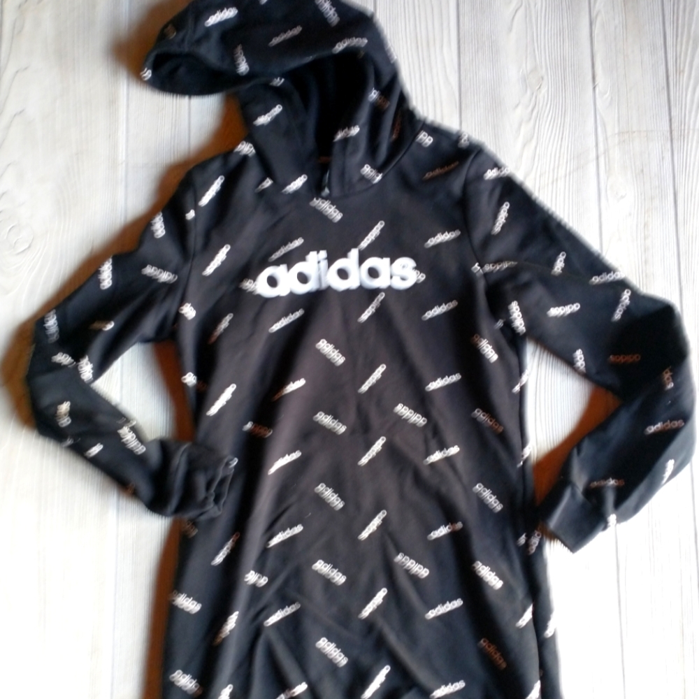 Adidas Womens Sport All Over Print Hoodie Logo-Print Tunic Black Size S